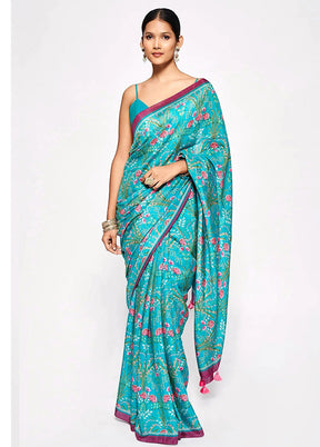 Sea Blue Silk Saree With Blouse Piece