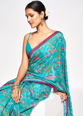 Sea Blue Silk Saree With Blouse Piece