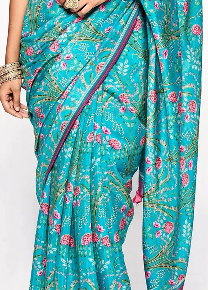 Sea Blue Silk Saree With Blouse Piece