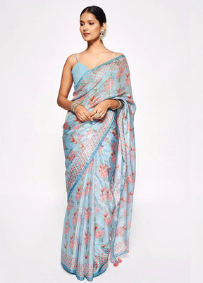 Powder Blue Silk Saree With Blouse Piece