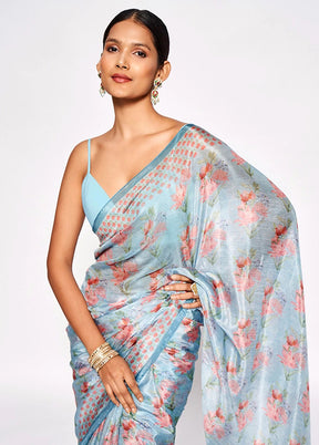 Powder Blue Silk Saree With Blouse Piece