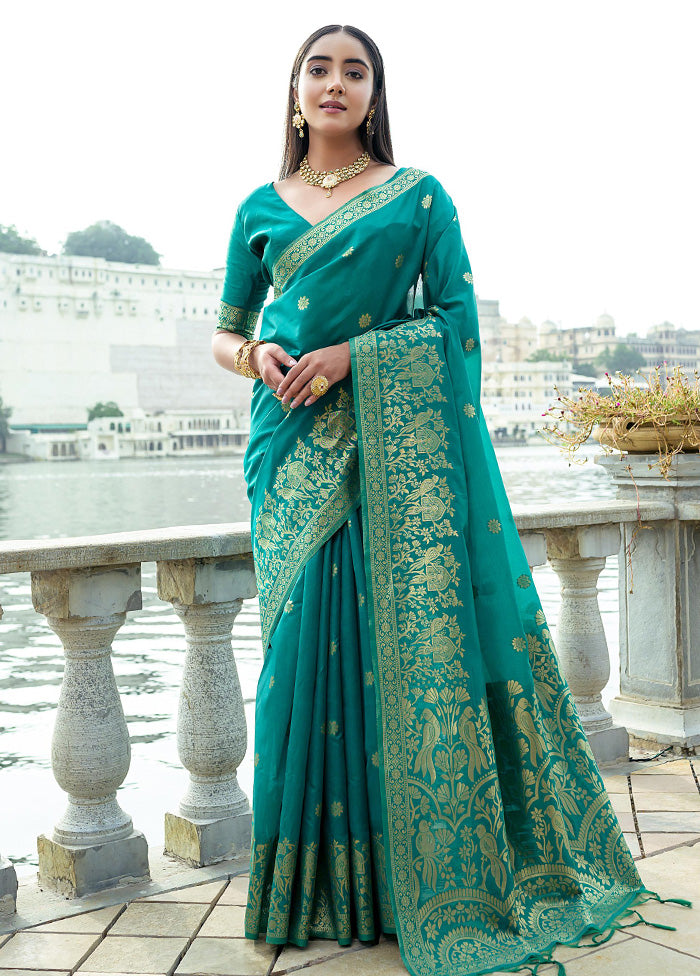 Teal Dupion Silk Saree With Blouse Piece