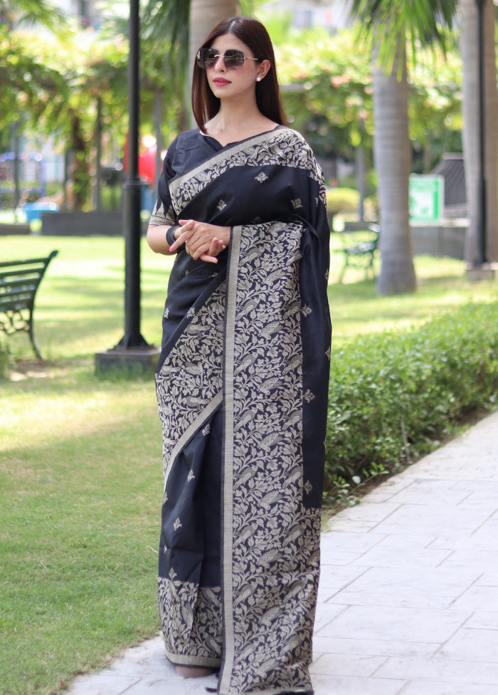 Black Dupion Silk Saree With Blouse Piece