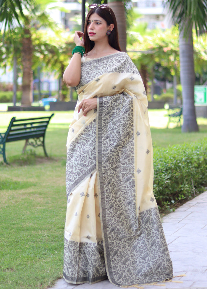 White Dupion Silk Saree With Blouse Piece