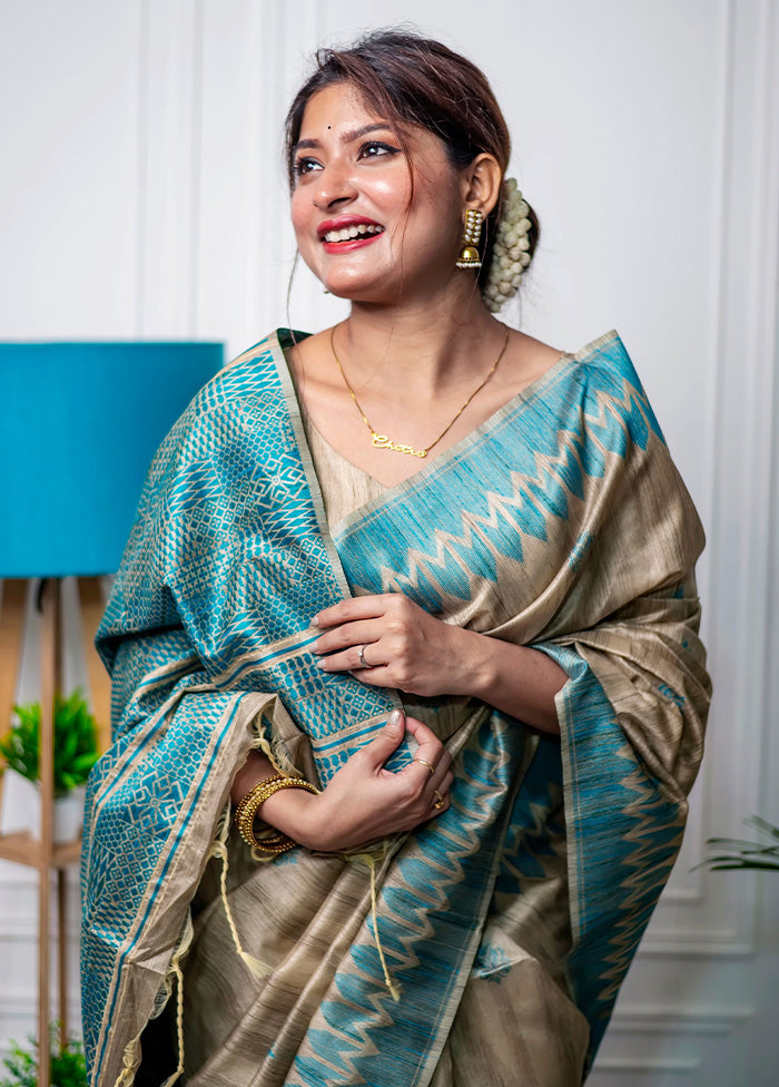 Sea Green Dupion Silk Saree With Blouse Piece