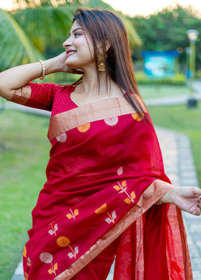 Red Cotton Saree With Blouse Piece