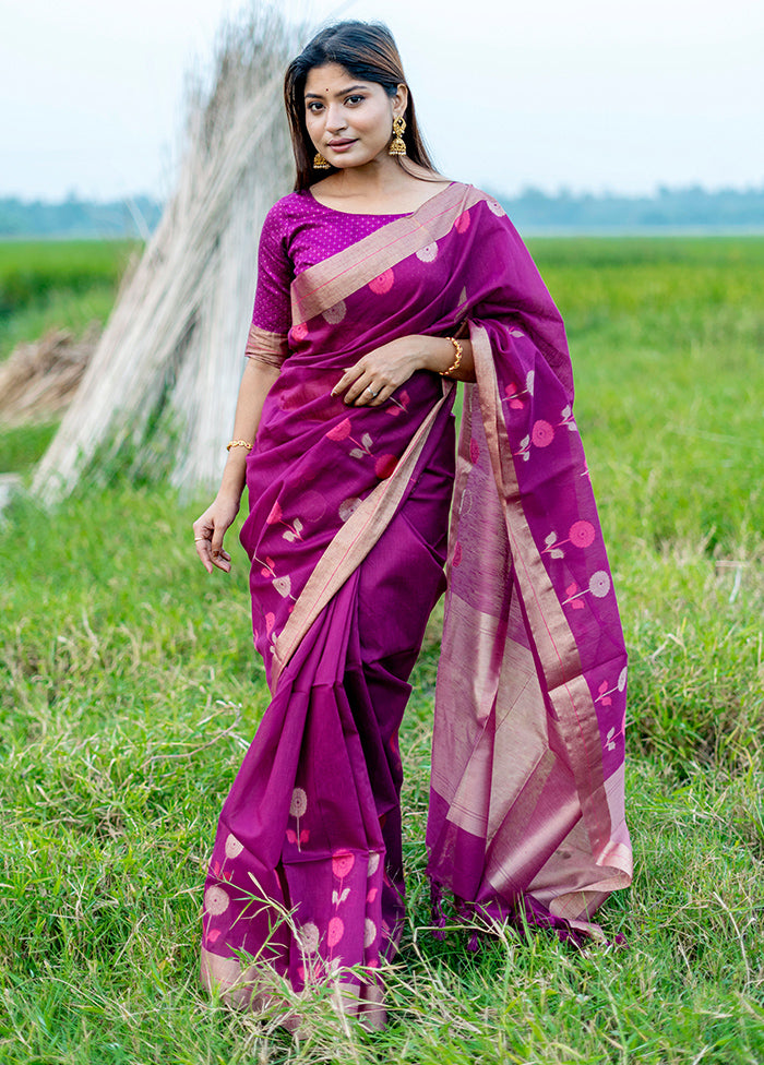 Wine Cotton Saree With Blouse Piece