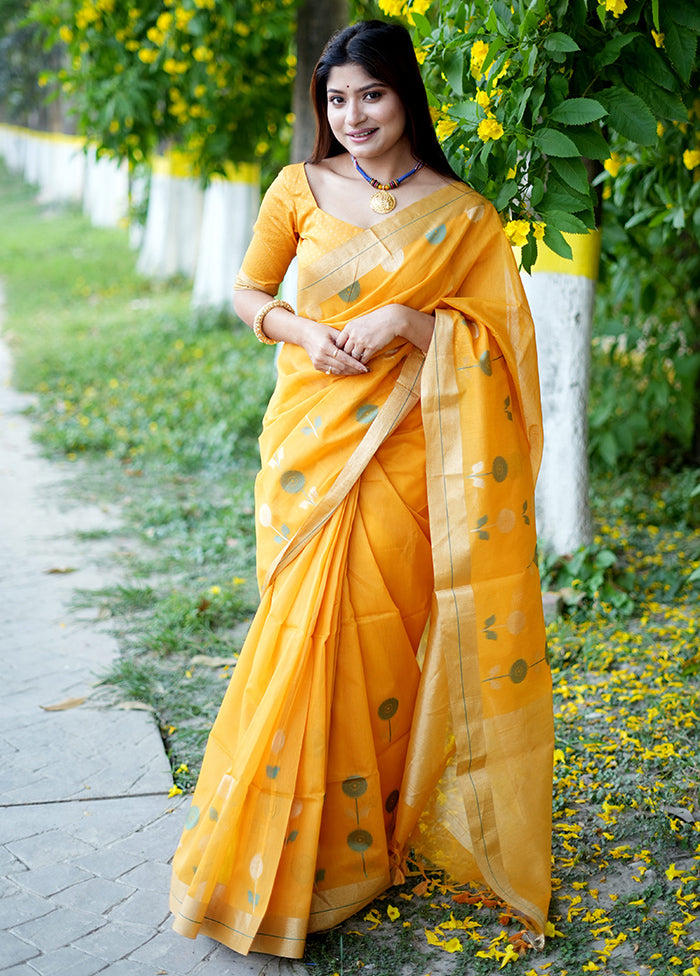 Yellow Cotton Saree With Blouse Piece