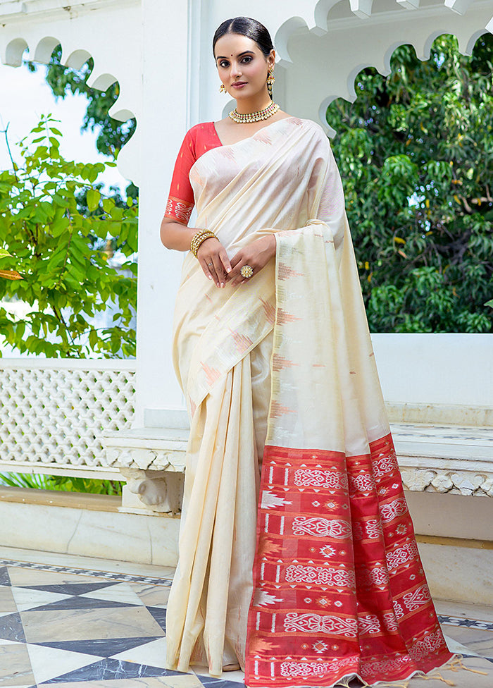 Cream Dupion Silk Saree With Blouse Piece