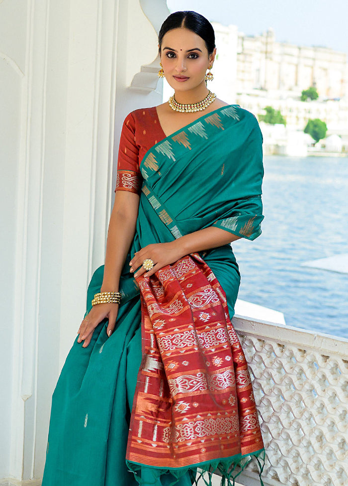 Teal Dupion Silk Saree With Blouse Piece