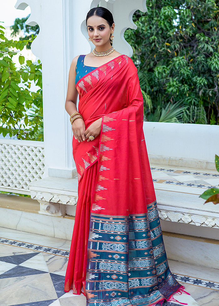 Red Dupion Silk Saree With Blouse Piece