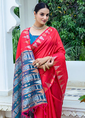 Red Dupion Silk Saree With Blouse Piece