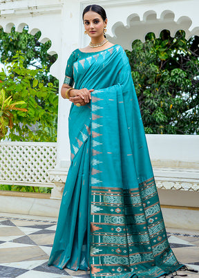 Sea Green Dupion Silk Saree With Blouse Piece