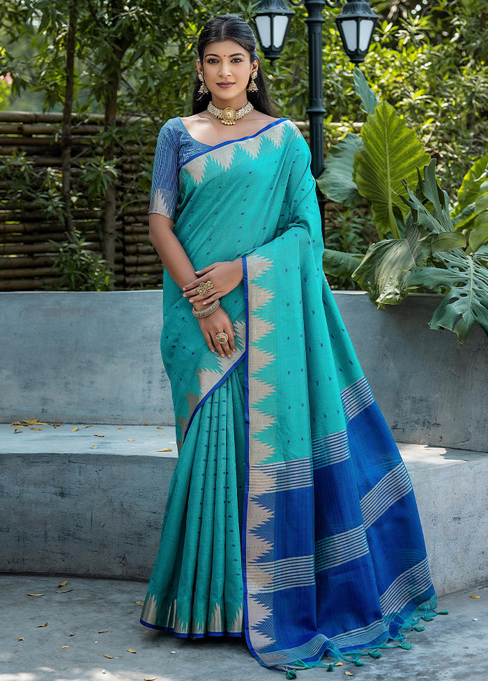 Sea Green Dupion Silk Saree With Blouse Piece