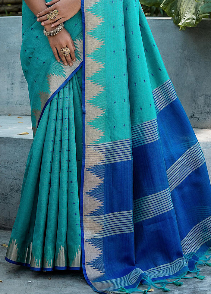 Sea Green Dupion Silk Saree With Blouse Piece