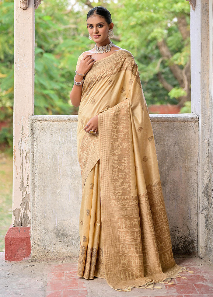 Beige Dupion Silk Saree With Blouse Piece