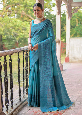 Teal Dupion Silk Saree With Blouse Piece