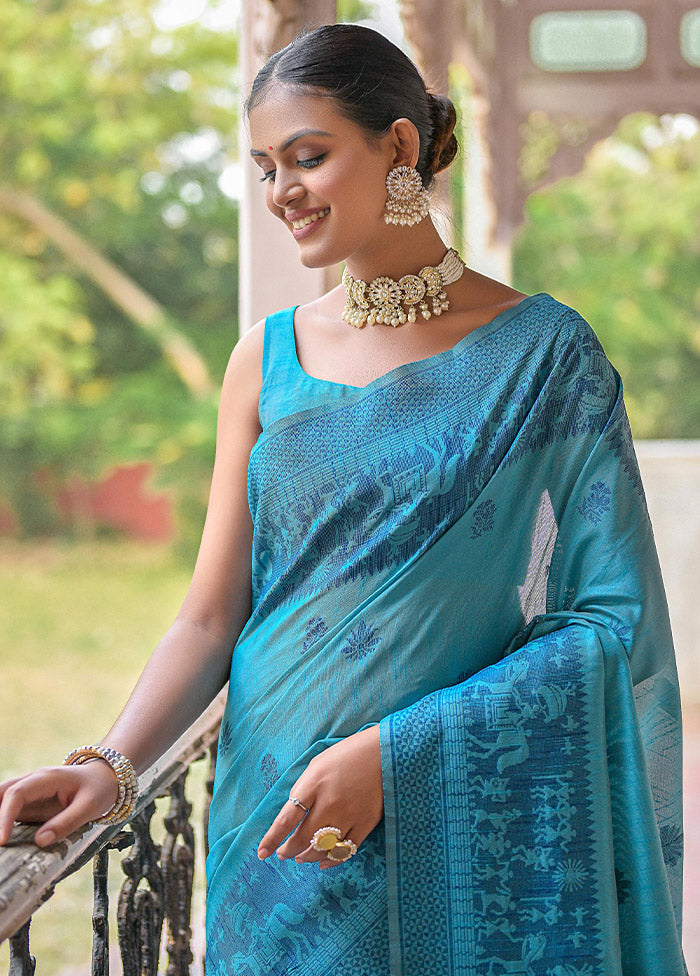 Teal Dupion Silk Saree With Blouse Piece