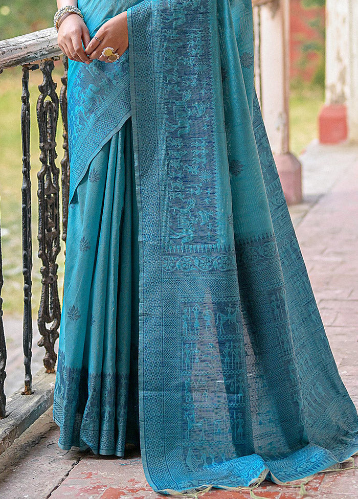 Teal Dupion Silk Saree With Blouse Piece