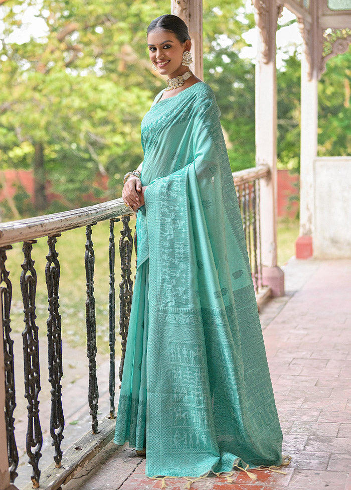 Sea Green Dupion Silk Saree With Blouse Piece