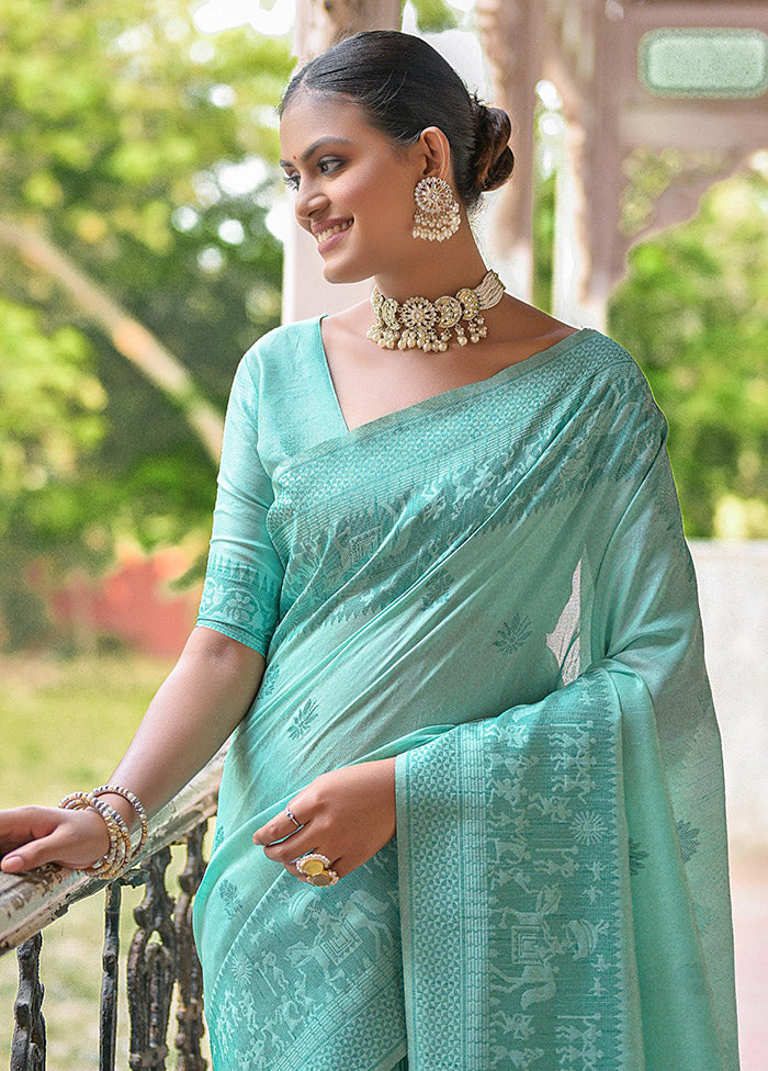 Sea Green Dupion Silk Saree With Blouse Piece