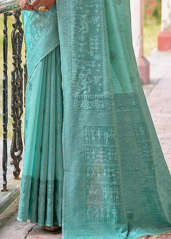 Sea Green Dupion Silk Saree With Blouse Piece