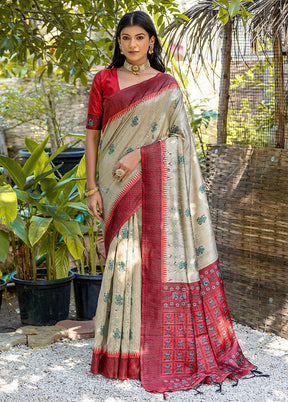 Beige Dupion Silk Saree With Blouse Piece