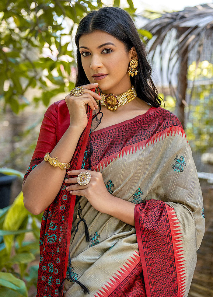 Beige Dupion Silk Saree With Blouse Piece