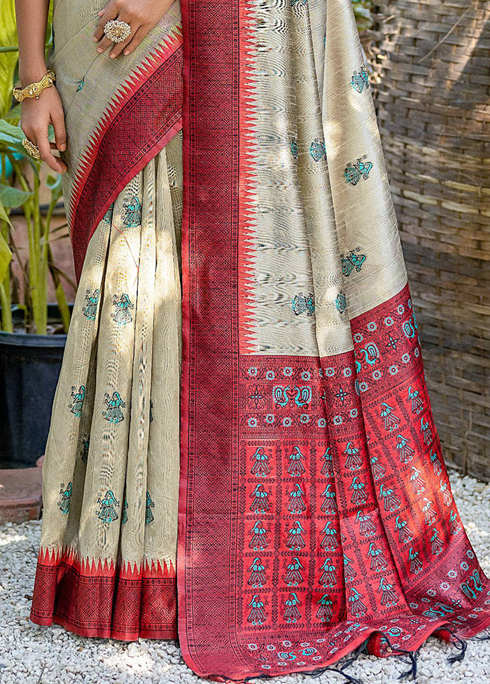 Beige Dupion Silk Saree With Blouse Piece