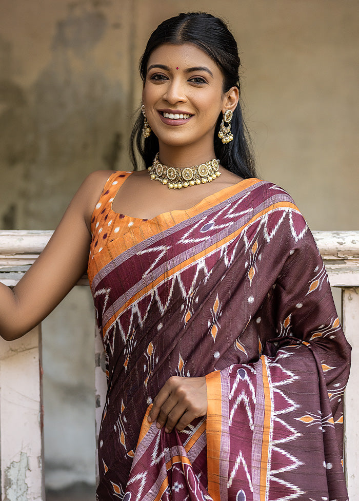 Coffee Cotton Saree With Blouse Piece