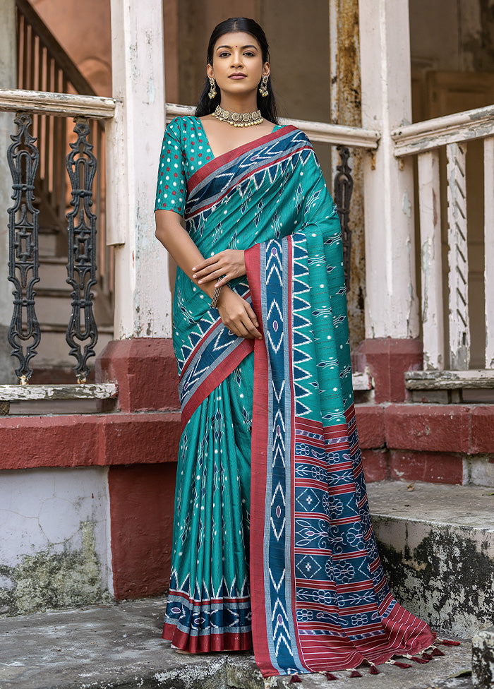 Teal Cotton Saree With Blouse Piece