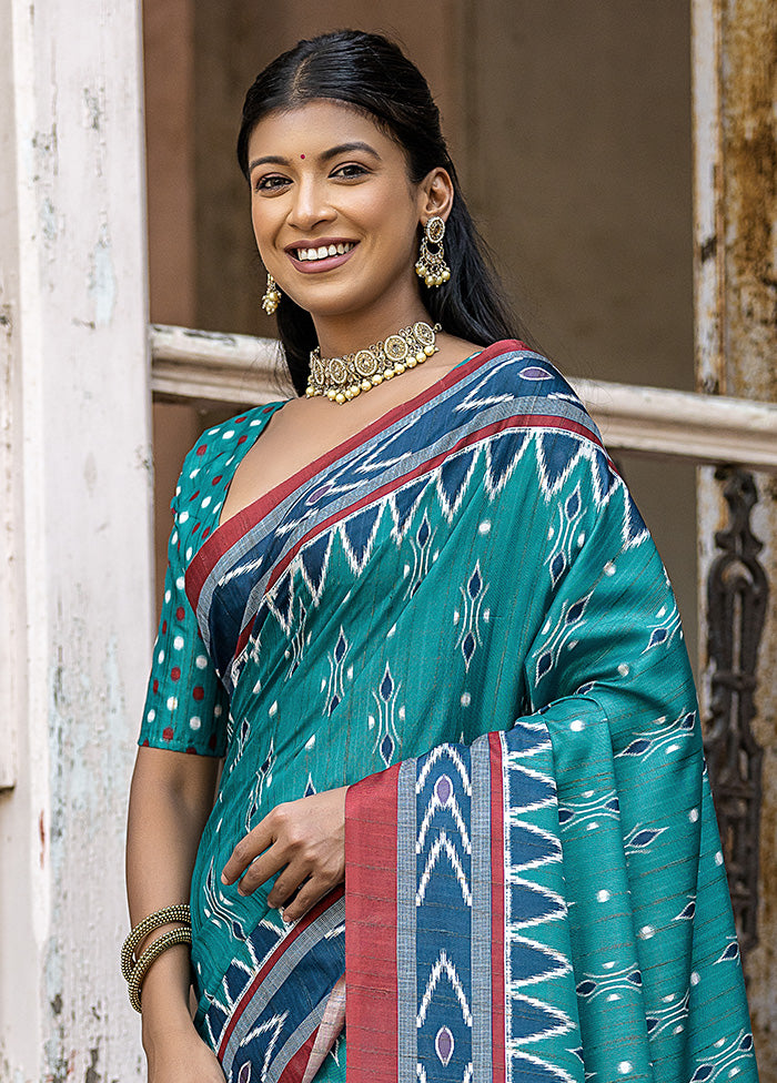 Teal Cotton Saree With Blouse Piece