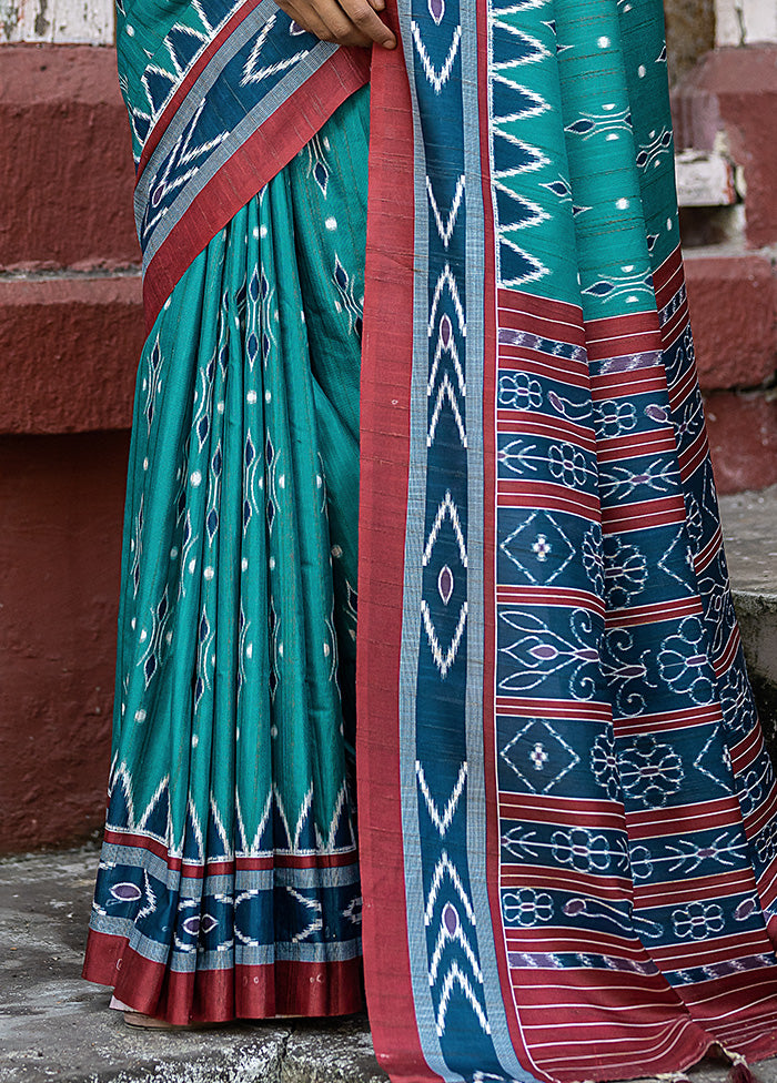 Teal Cotton Saree With Blouse Piece