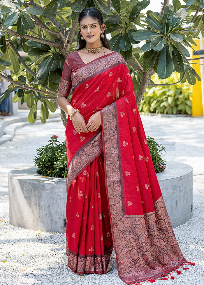 Red Dupion Silk Saree With Blouse Piece