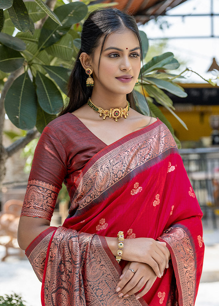 Red Dupion Silk Saree With Blouse Piece