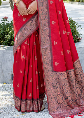 Red Dupion Silk Saree With Blouse Piece