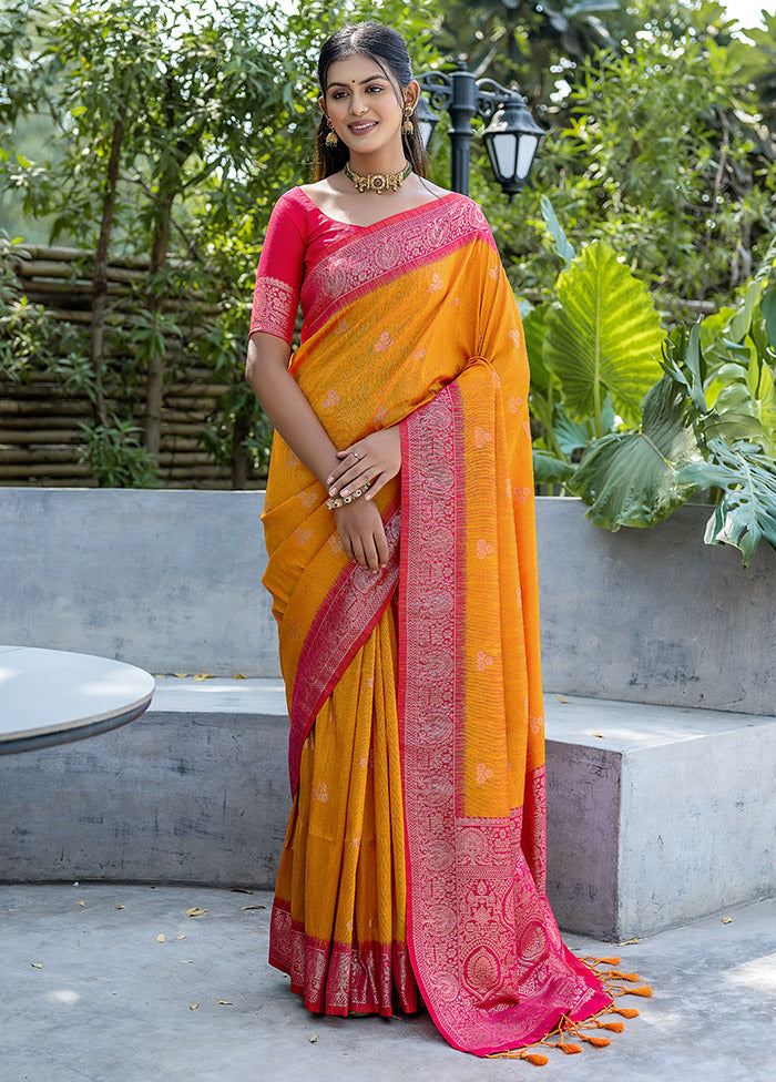 Yellow Dupion Silk Saree With Blouse Piece