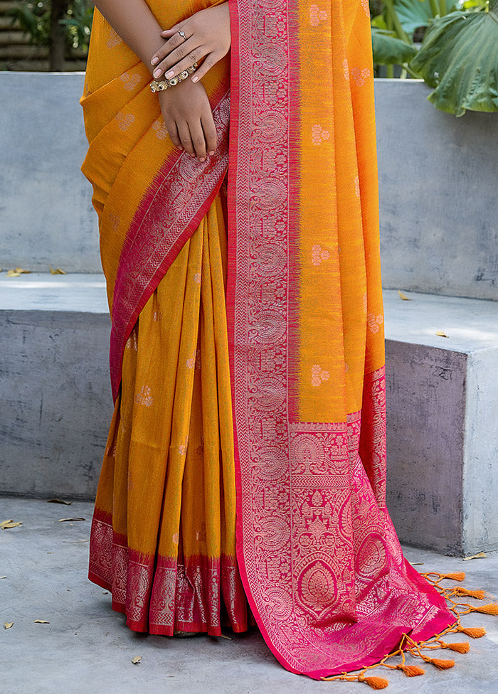 Yellow Dupion Silk Saree With Blouse Piece