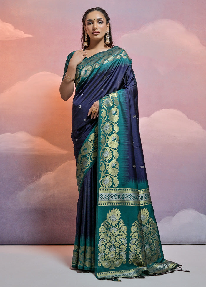 Navy Blue Dupion Silk Saree With Blouse Piece