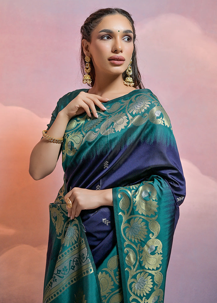 Navy Blue Dupion Silk Saree With Blouse Piece