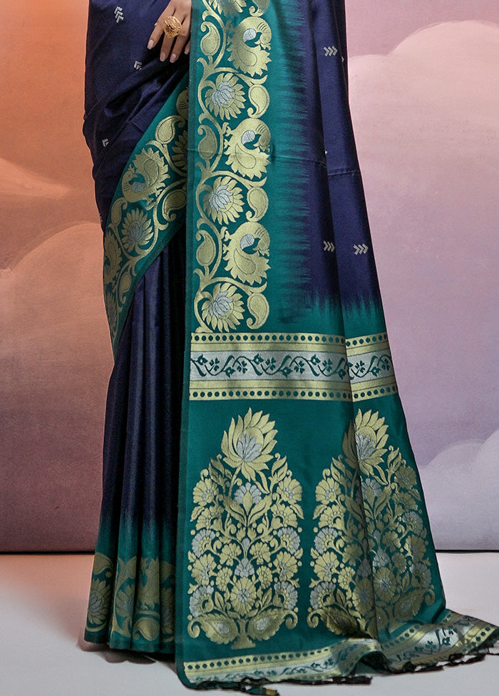 Navy Blue Dupion Silk Saree With Blouse Piece