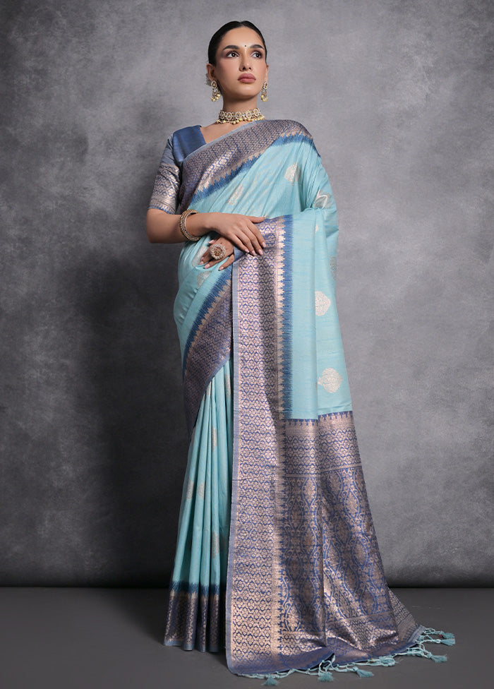 Sky Blue Dupion Silk Saree With Blouse Piece