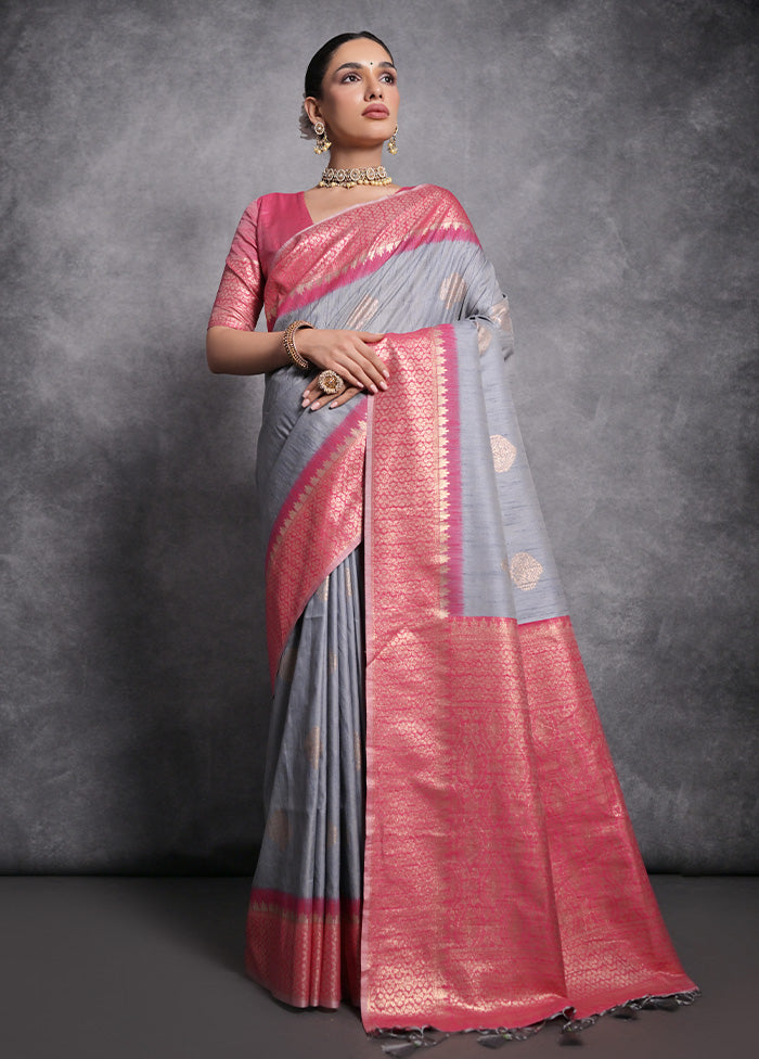 Grey Dupion Silk Saree With Blouse Piece