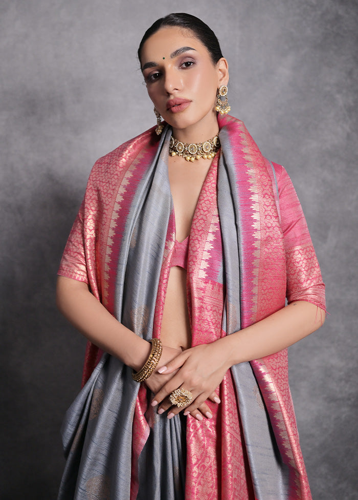 Grey Dupion Silk Saree With Blouse Piece