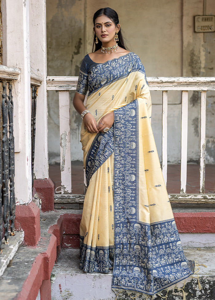 Navy Blue Dupion Silk Saree With Blouse Piece