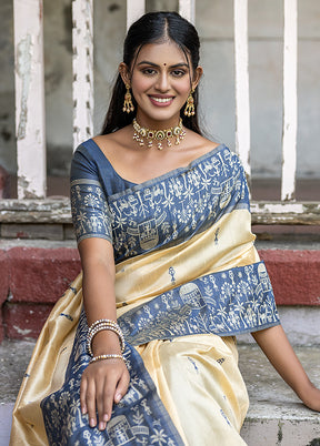 Navy Blue Dupion Silk Saree With Blouse Piece