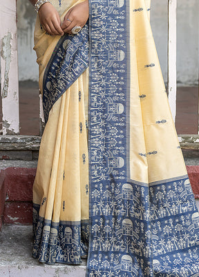 Navy Blue Dupion Silk Saree With Blouse Piece