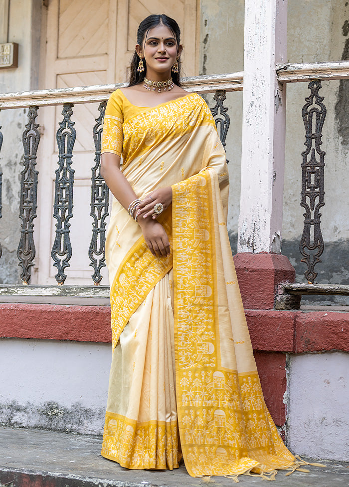 Yellow Dupion Silk Saree With Blouse Piece