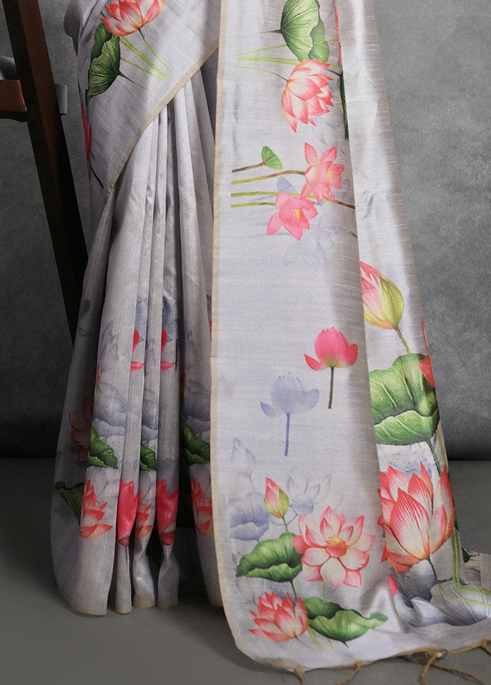 Grey Dupion Silk Saree With Blouse Piece