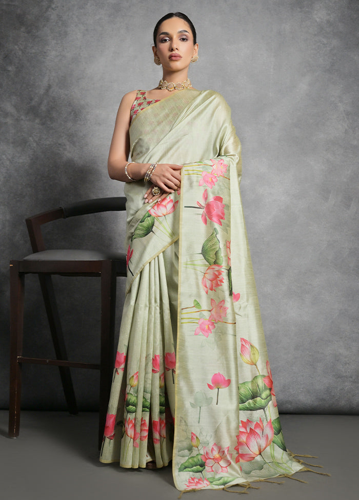 Pista Green Dupion Silk Saree With Blouse Piece